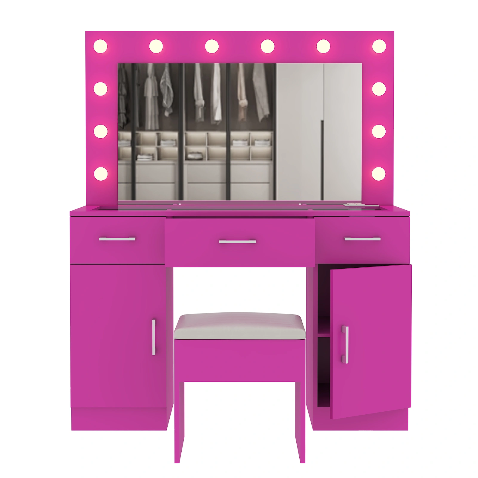 Vanity Desk Set with Large Lighted Mirror and Powre Outlet, Glass Top Makeup Vanity with 3 Drawers and 2 Cabinets, Vanity Table with 12 LED Lights, 3 Lighting Color Adjustable, Pink view 5