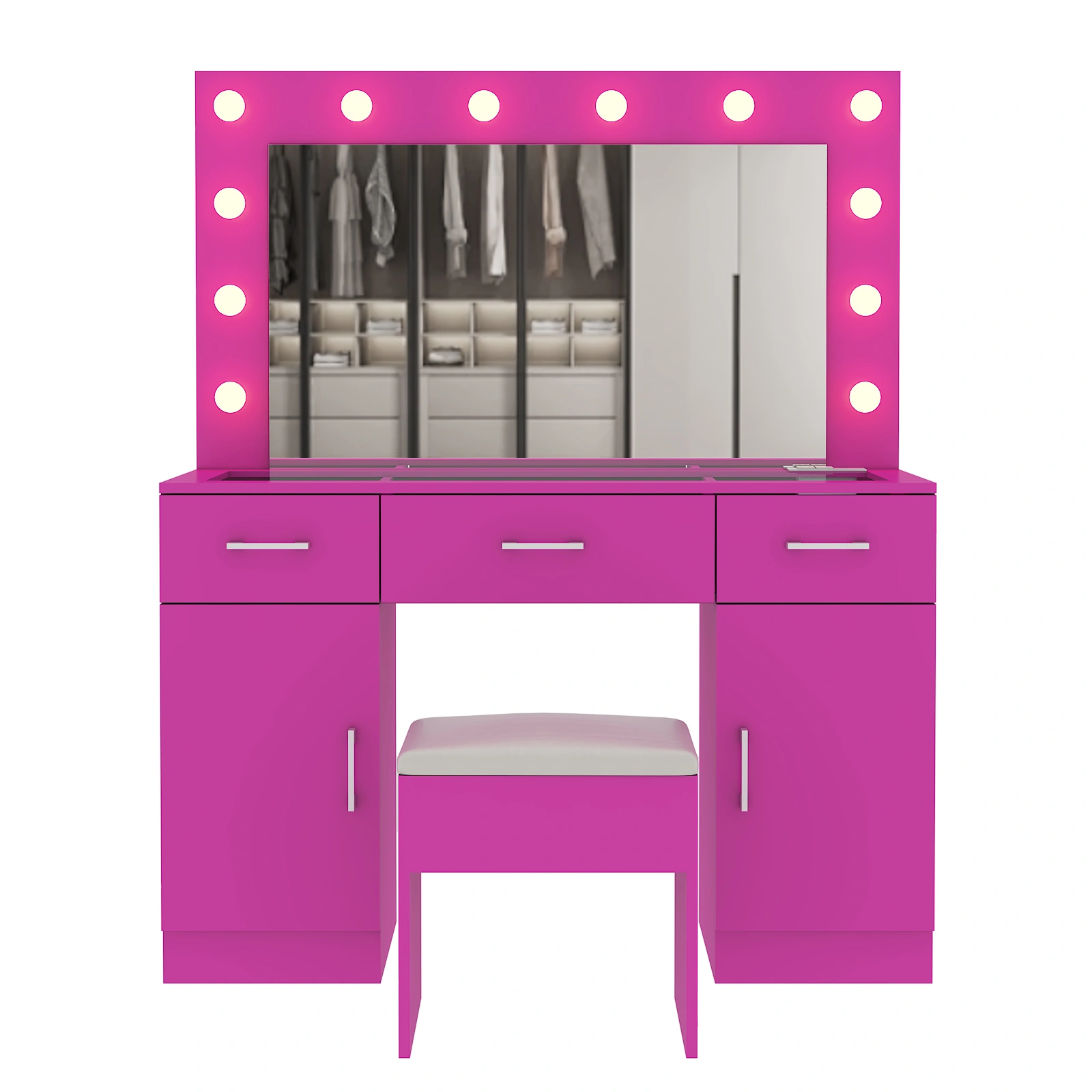 Vanity Desk Set with Large Lighted Mirror and Powre Outlet, Glass Top Makeup Vanity with 3 Drawers and 2 Cabinets, Vanity Table with 12 LED Lights, 3 Lighting Color Adjustable, Pink view 6