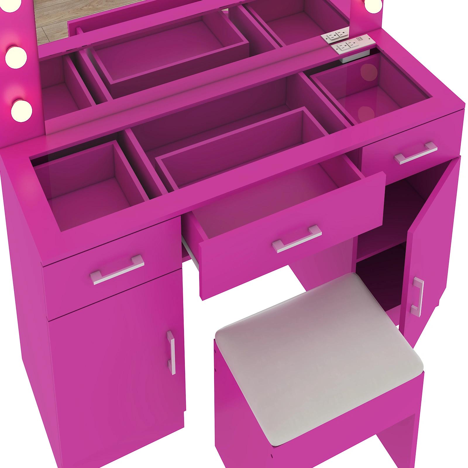 Vanity Desk Set with Large Lighted Mirror and Powre Outlet, Glass Top Makeup Vanity with 3 Drawers and 2 Cabinets, Vanity Table with 12 LED Lights, 3 Lighting Color Adjustable, Pink view 7
