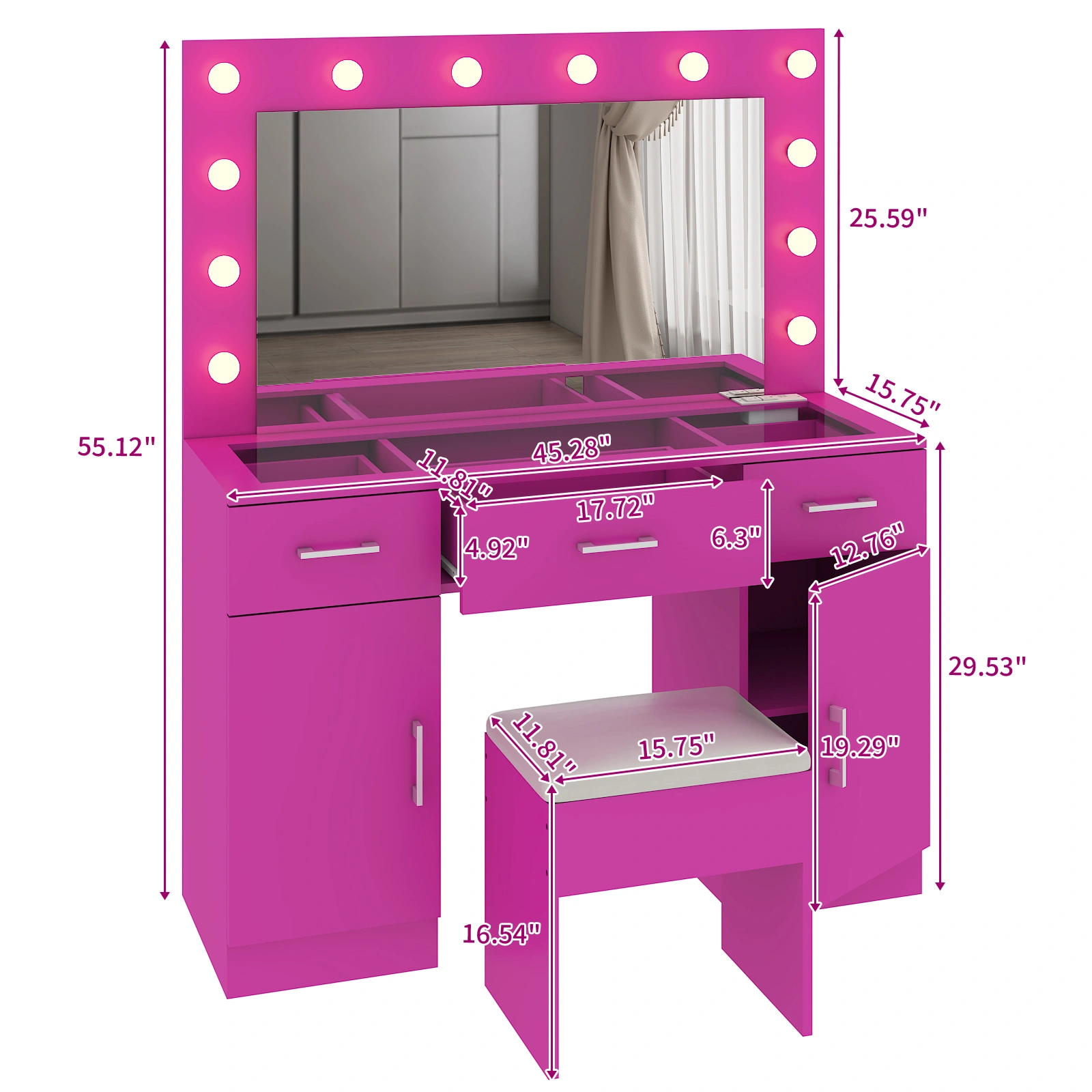 Vanity Desk Set with Large Lighted Mirror and Powre Outlet, Glass Top Makeup Vanity with 3 Drawers and 2 Cabinets, Vanity Table with 12 LED Lights, 3 Lighting Color Adjustable, Pink view 8