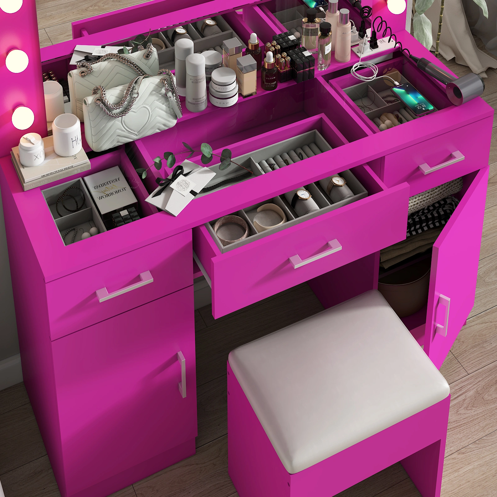 Vanity Desk Set with Large Lighted Mirror and Powre Outlet, Glass Top Makeup Vanity with 3 Drawers and 2 Cabinets, Vanity Table with 12 LED Lights, 3 Lighting Color Adjustable, Pink view 9