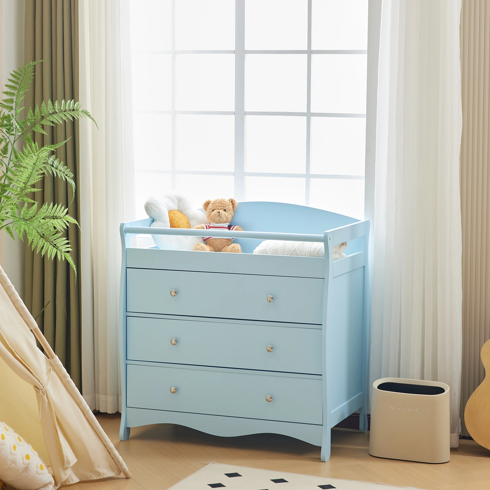 Blue painted finish, MDF, three drawers, 90.5*58*92cm, children's wooden bed with safety belt and changing table for babies view 5