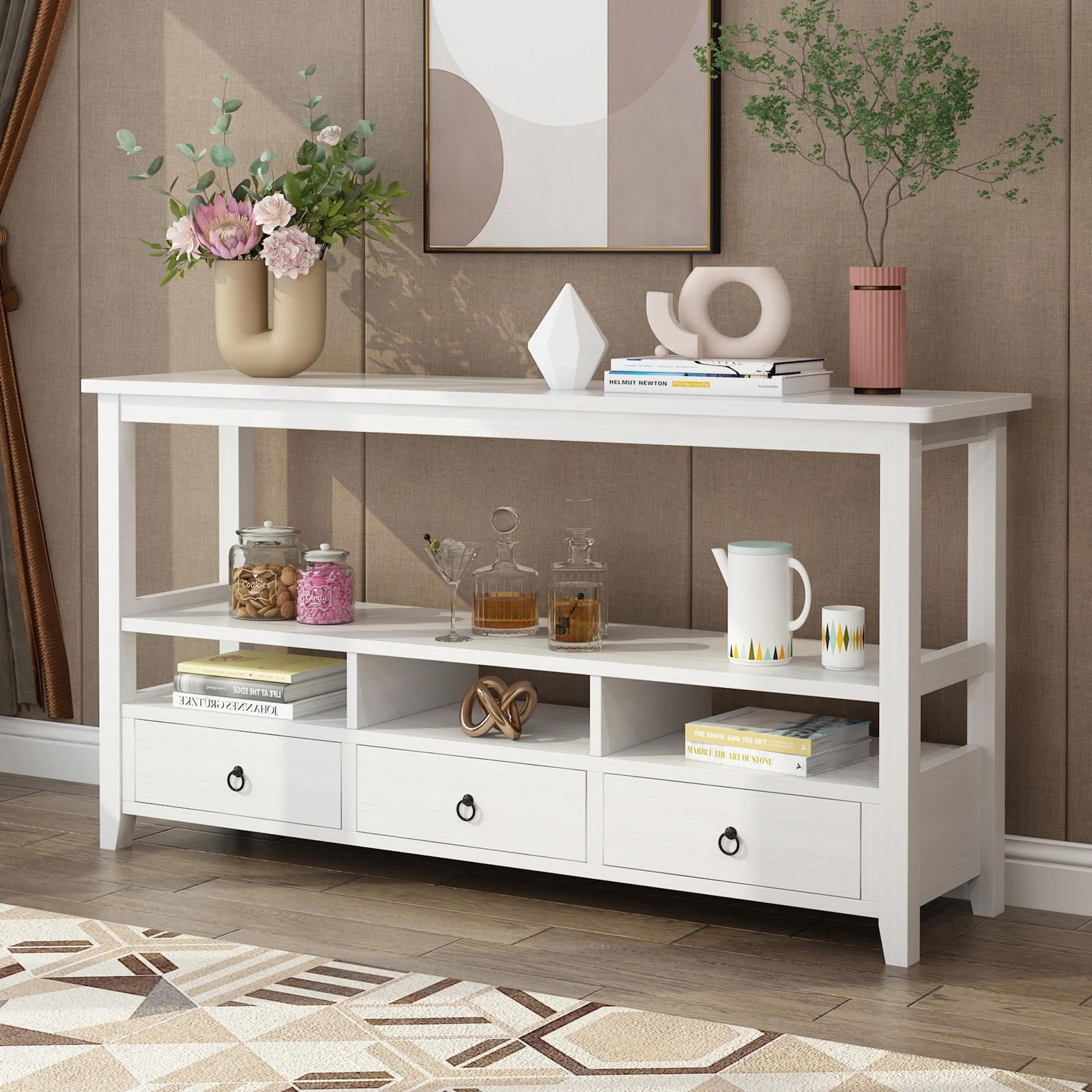 3 Tier Industrial Console Table 3 Drawers Shelves Vintage White for Living Room Entry Bedroom view 2