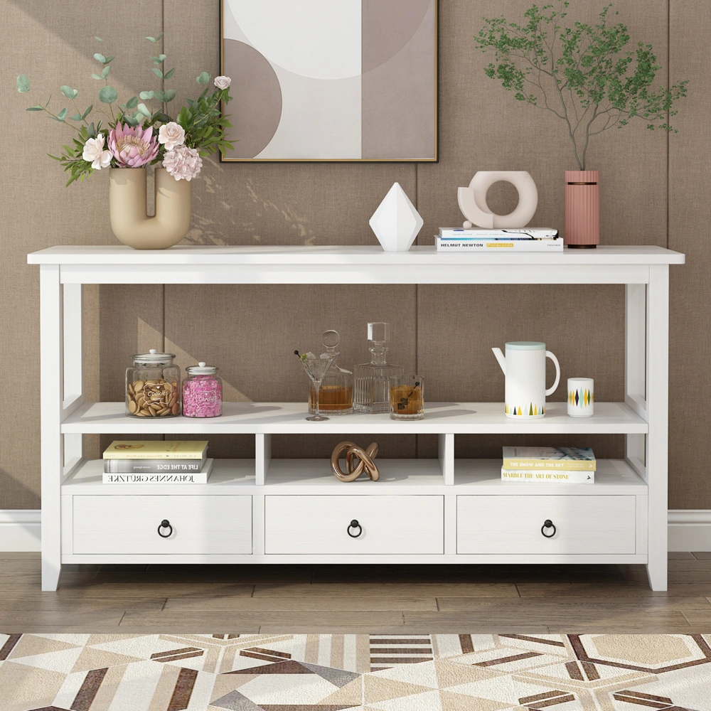 3 Tier Industrial Console Table 3 Drawers Shelves Vintage White for Living Room Entry Bedroom view 3