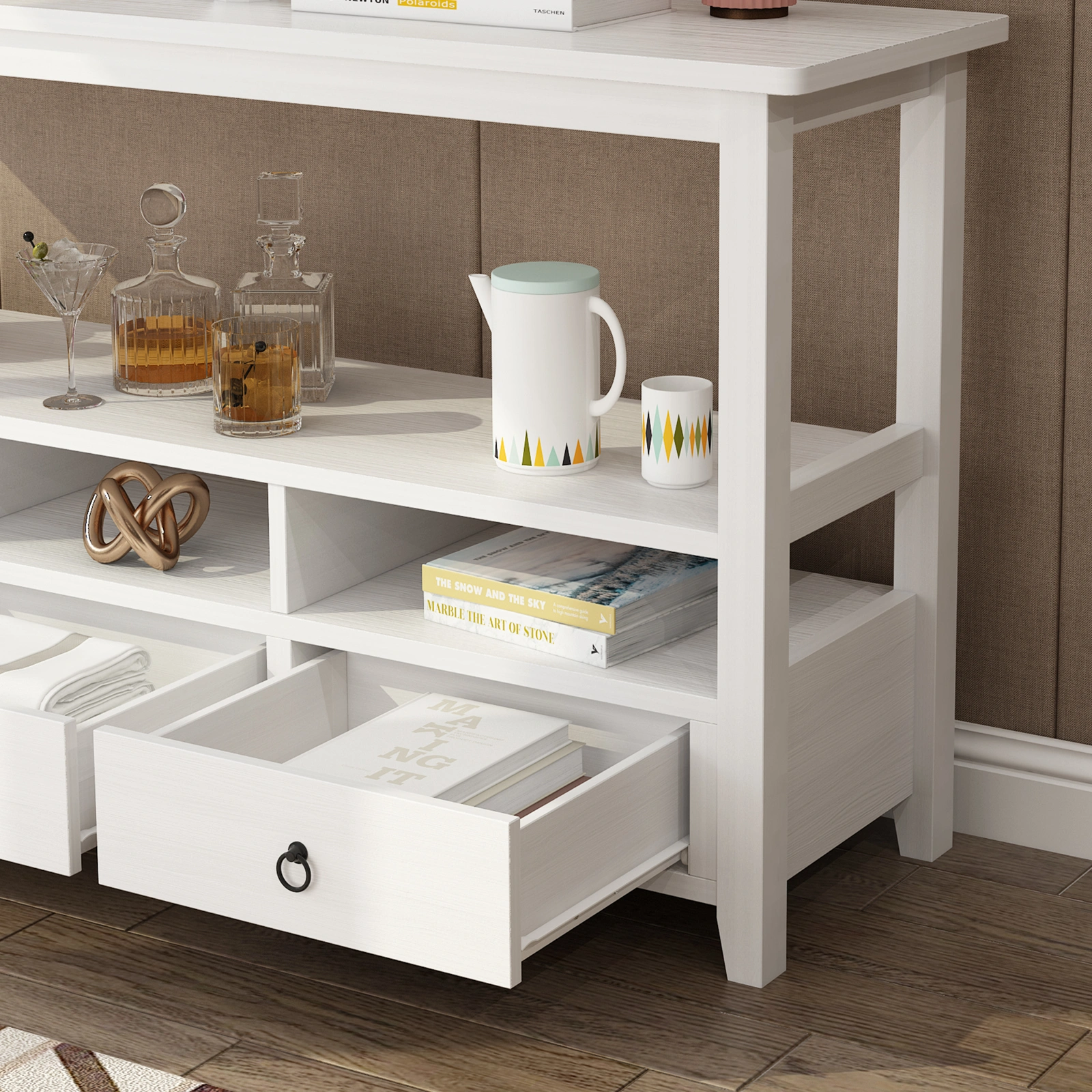 3 Tier Industrial Console Table 3 Drawers Shelves Vintage White for Living Room Entry Bedroom view 5