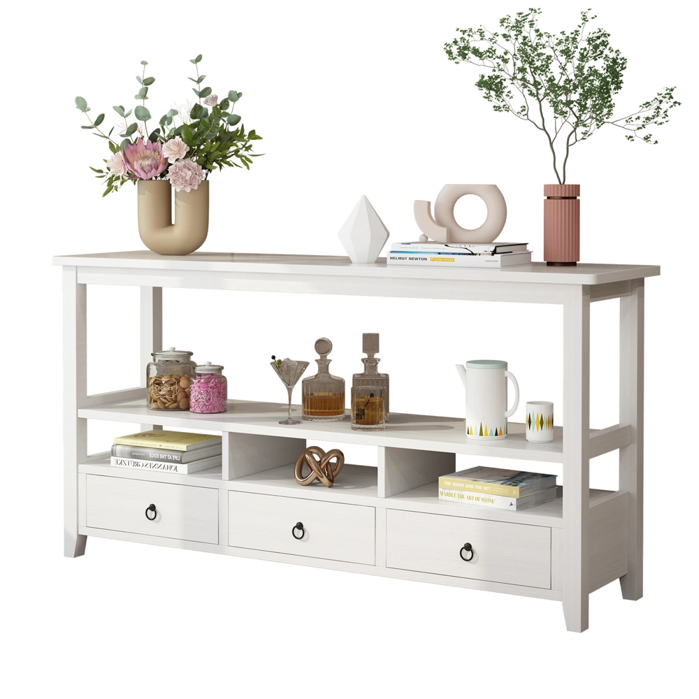 3 Tier Industrial Console Table 3 Drawers Shelves Vintage White for Living Room Entry Bedroom view 8