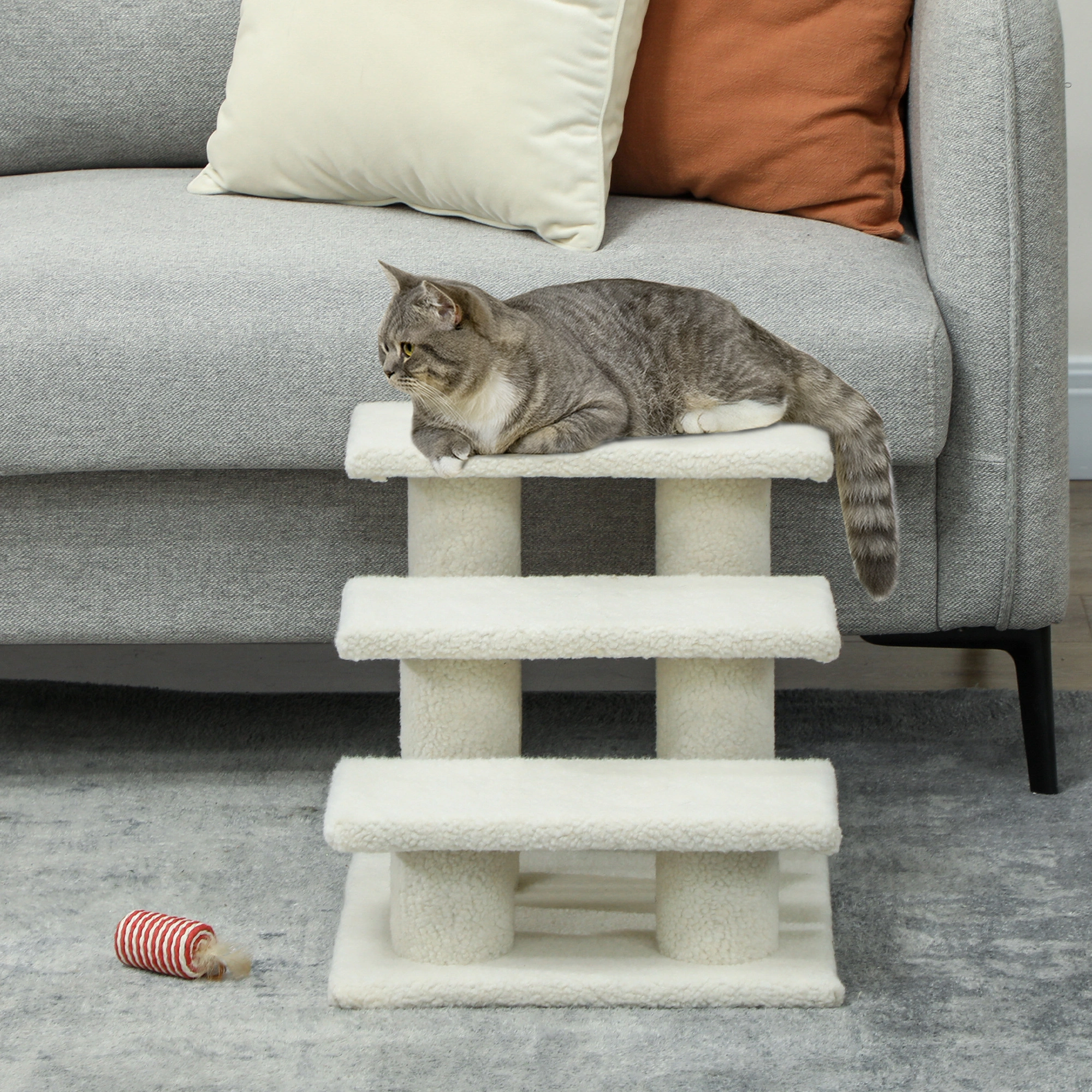 Pet Stairs for Dogs & Cats | 4-Tier Foam Steps with Scratching Post | Non-Slip Side Steps for Senior & Small Pets Bed Access