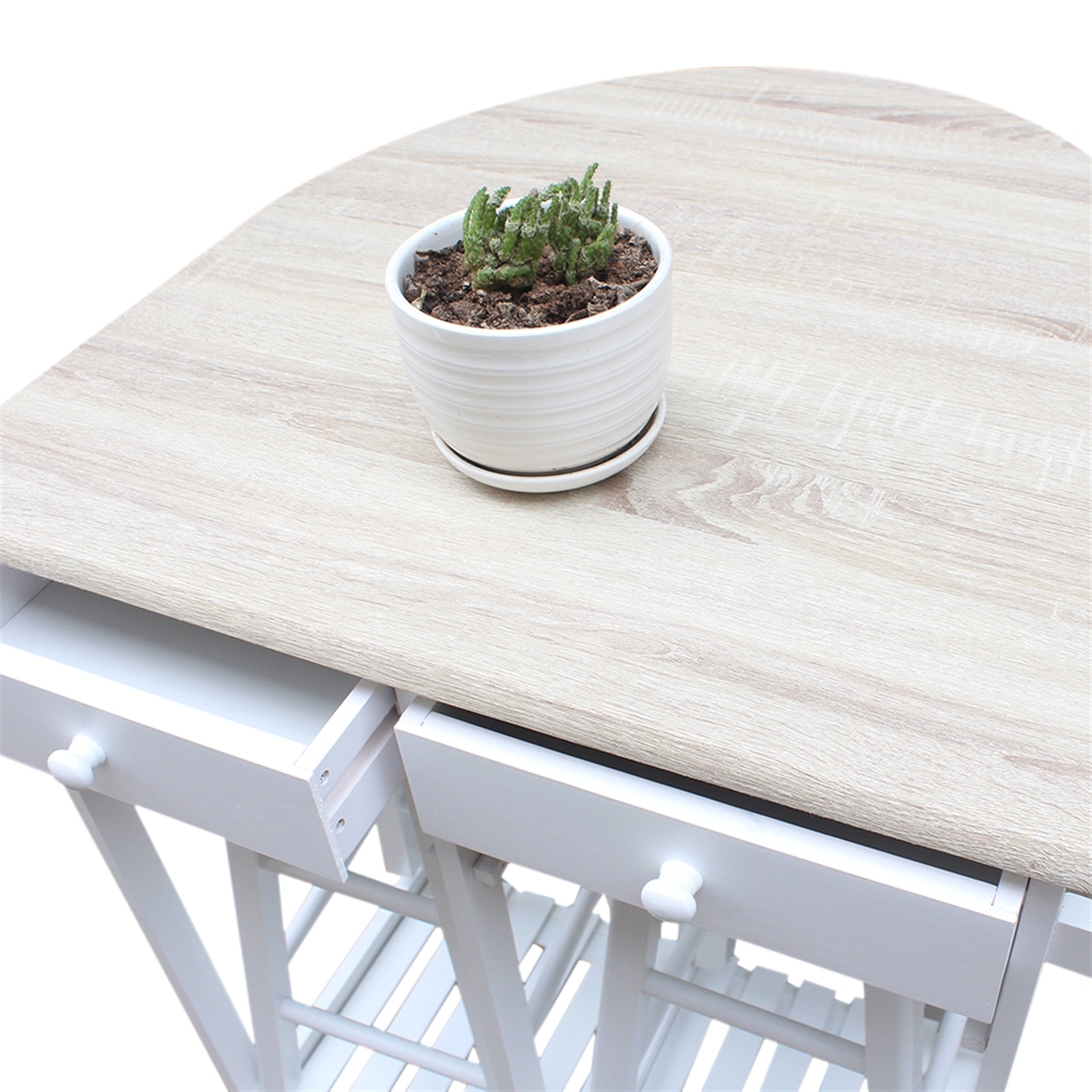 Foldable With Wooden Handle Semicircle Dining Cart With Round Stools White view 4