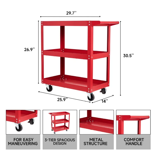 3-Tier Rolling Tool Cart Utility Cart on Wheels, 450 lb Heavy Duty Rolling Tool Cart for Warehouse, Garage, Red (Shipment from Walmart) view 2