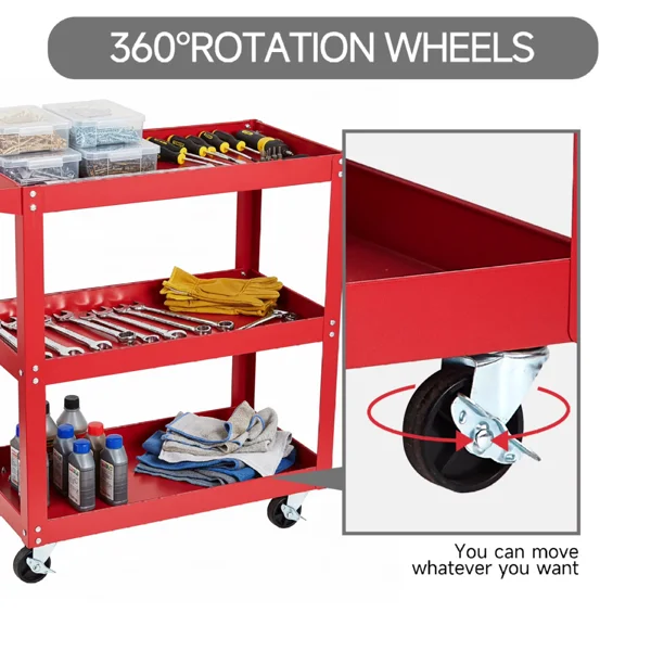 3-Tier Rolling Tool Cart Utility Cart on Wheels, 450 lb Heavy Duty Rolling Tool Cart for Warehouse, Garage, Red (Shipment from Walmart) view 4