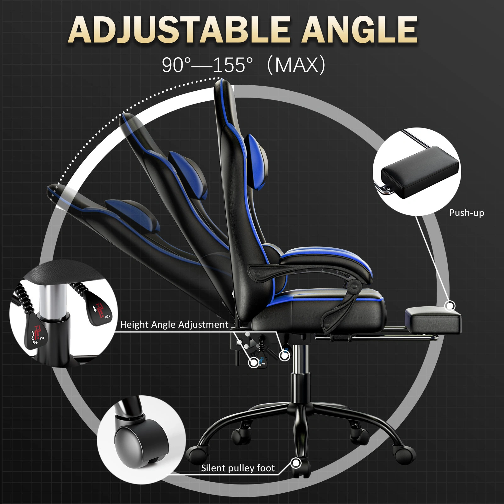 Ergonomic Gaming Chair with Footrest, Adjustable Lumbar Support & Headrest, Height-Adjustable Video Game Chair for Office Desk view 3