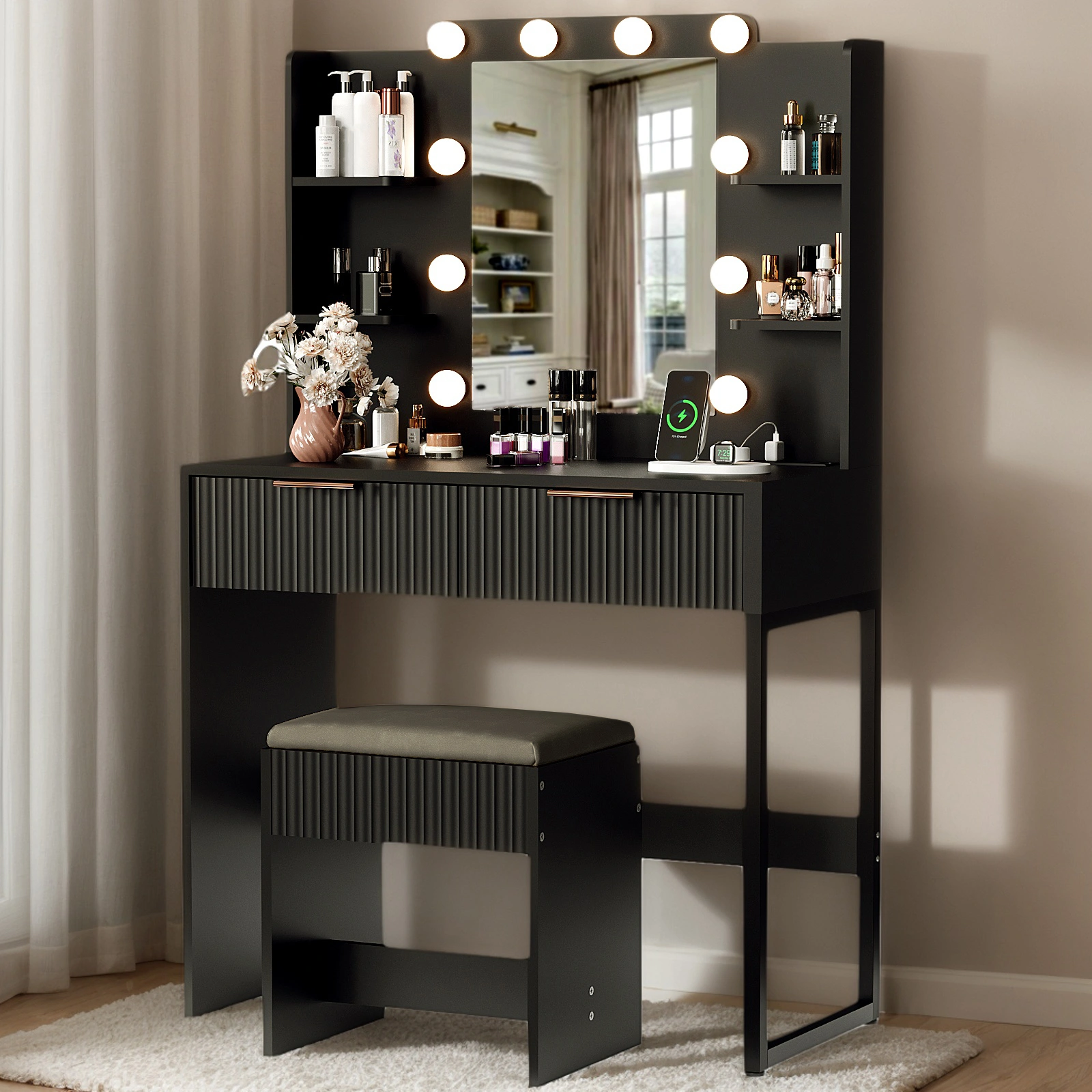 Black Dressing Table Set, Particleboard Melamine Finish, 2 Drawers 4 Shelves, 10 Three-Tone Bulbs, Power Strip & Grille, Vanity Desk view 3