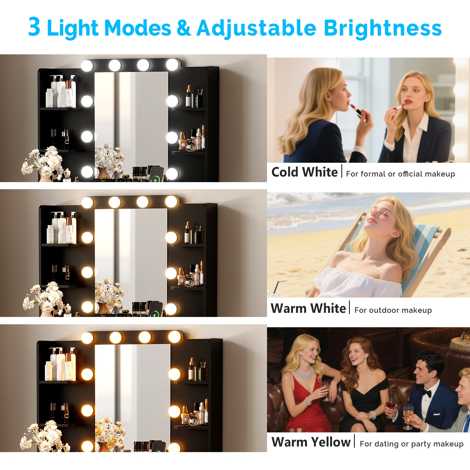 Black Dressing Table Set, Particleboard Melamine Finish, 2 Drawers 4 Shelves, 10 Three-Tone Bulbs, Power Strip & Grille, Vanity Desk view 4