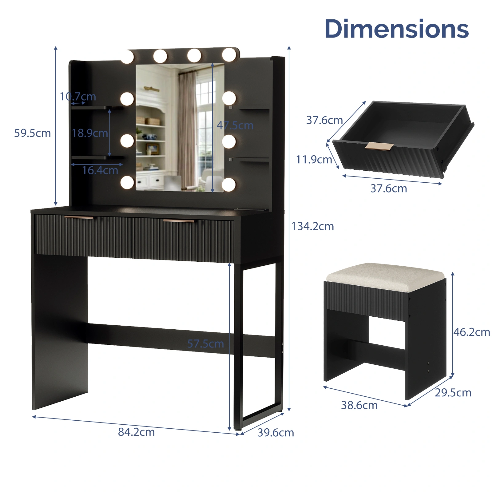 Black Dressing Table Set, Particleboard Melamine Finish, 2 Drawers 4 Shelves, 10 Three-Tone Bulbs, Power Strip & Grille, Vanity Desk view 5
