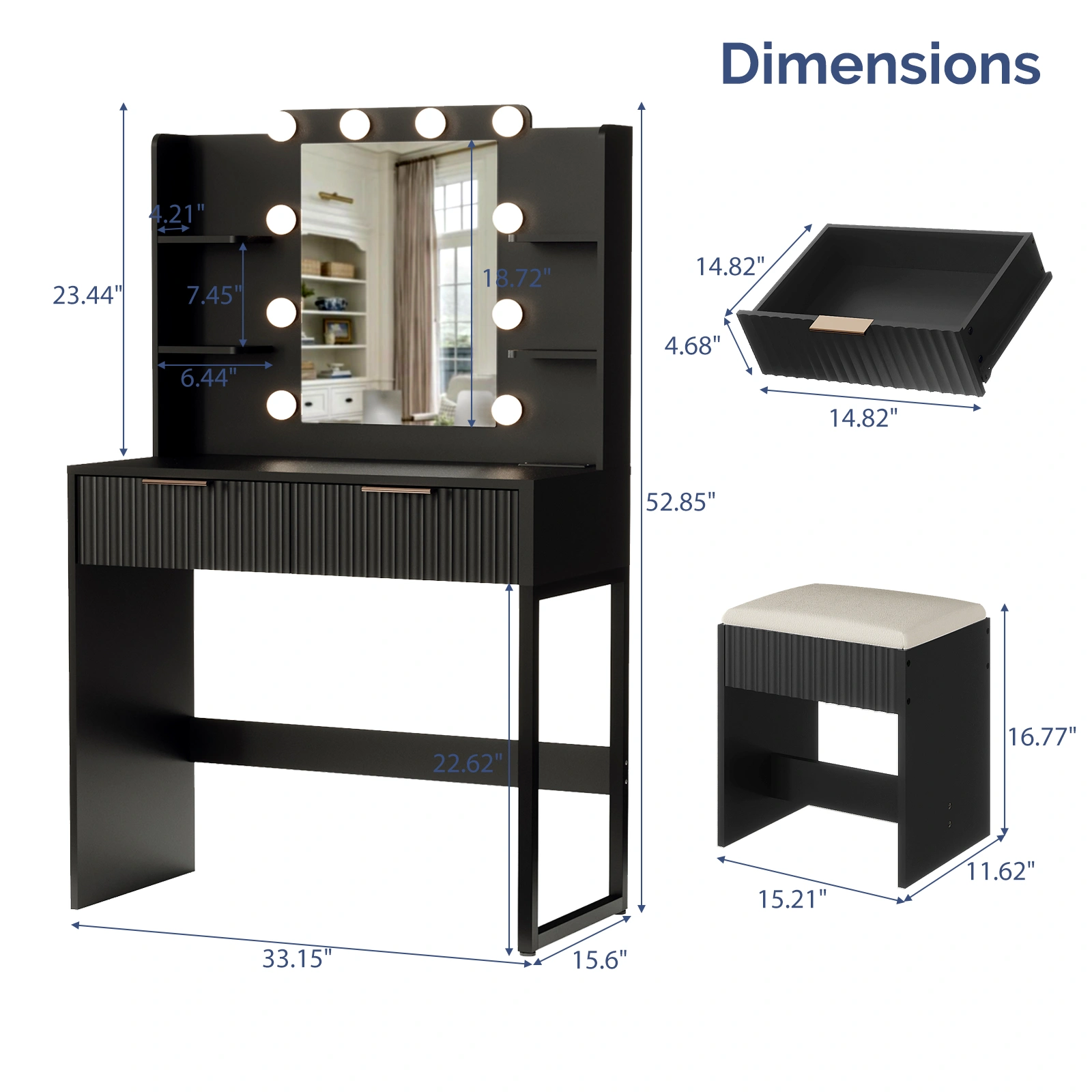 Black Dressing Table Set, Particleboard Melamine Finish, 2 Drawers 4 Shelves, 10 Three-Tone Bulbs, Power Strip & Grille, Vanity Desk view 6
