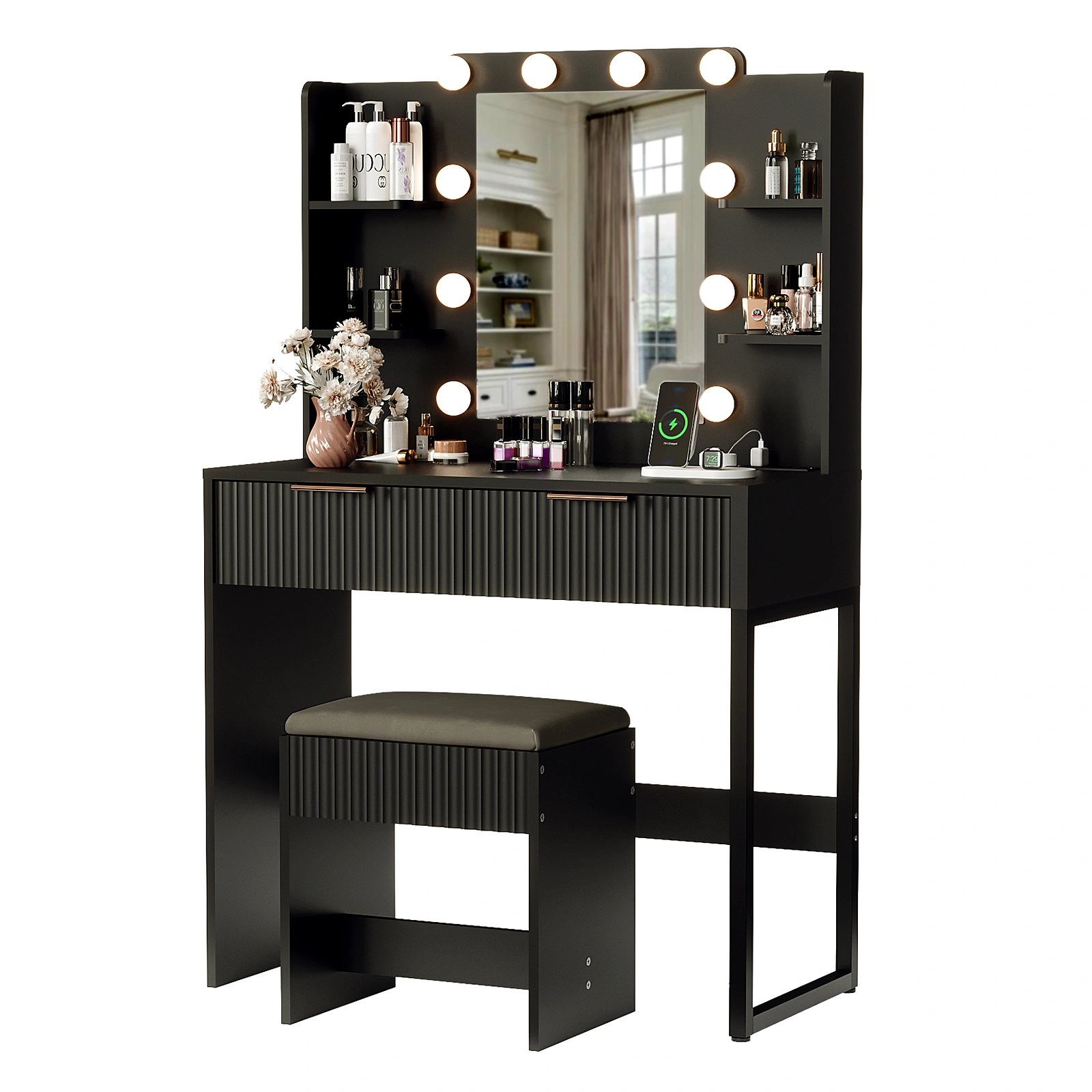 Black Dressing Table Set, Particleboard Melamine Finish, 2 Drawers 4 Shelves, 10 Three-Tone Bulbs, Power Strip & Grille, Vanity Desk view 7