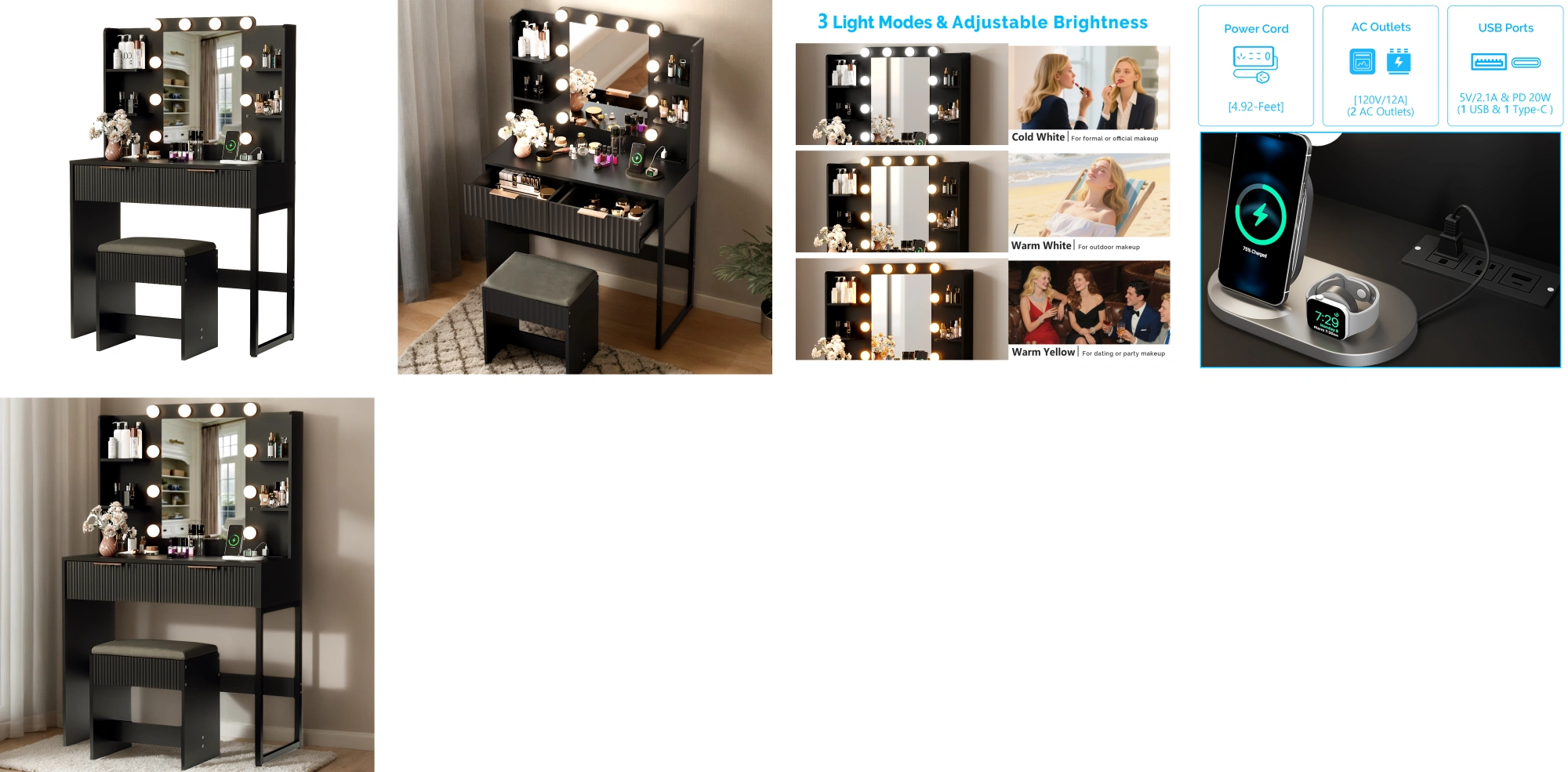 Black Dressing Table Set, Particleboard Melamine Finish, 2 Drawers 4 Shelves, 10 Three-Tone Bulbs, Power Strip & Grille, Vanity Desk view 8