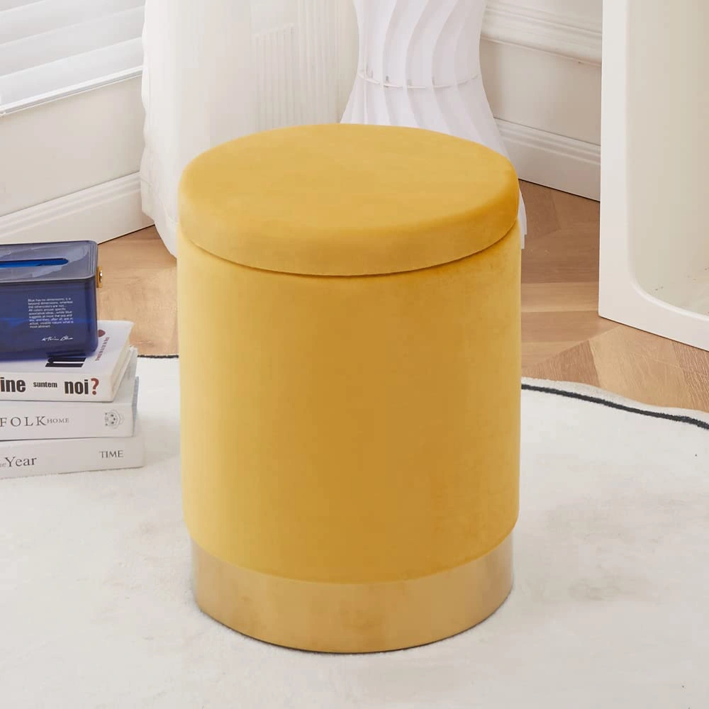Velvet 23Qt Storage Ottoman, Round Footrest Stool with Metal Base, Modern Vanity Chair, Supports 300lbs, Padded Seat for Living Room & Bedroom, Ginger view 2