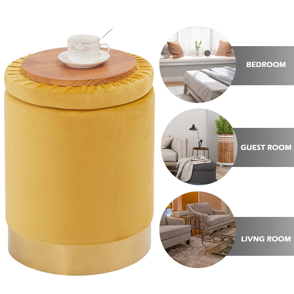 Velvet 23Qt Storage Ottoman, Round Footrest Stool with Metal Base, Modern Vanity Chair, Supports 300lbs, Padded Seat for Living Room & Bedroom, Ginger view 3