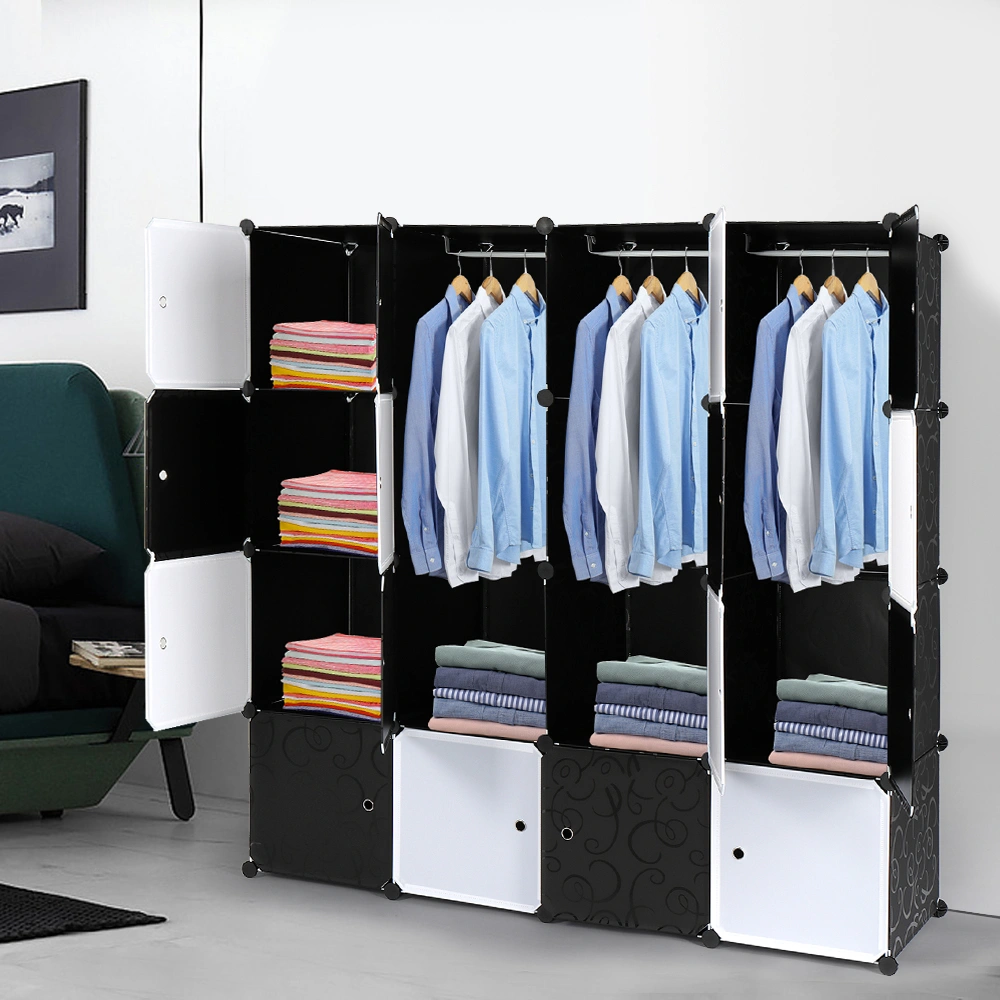 16-Cube Organizer Stackable Plastic Storage Shelves, Modular Closet Cabinet with Hanging Rod, Black & White