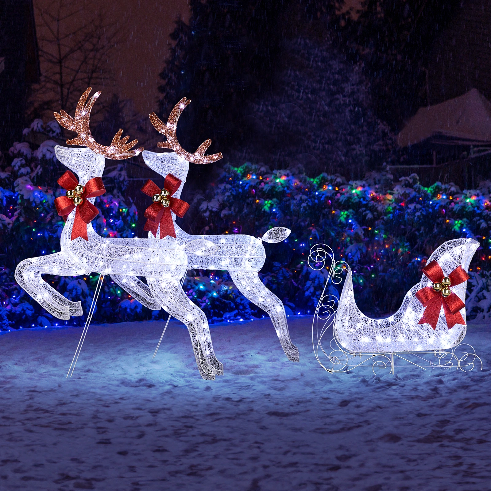 3-Piece Lighted Reindeer & Sleigh Outdoor Decor, Weatherproof Christmas Yard Decoration with 270 LED White Lights & Ground Stakes view 2