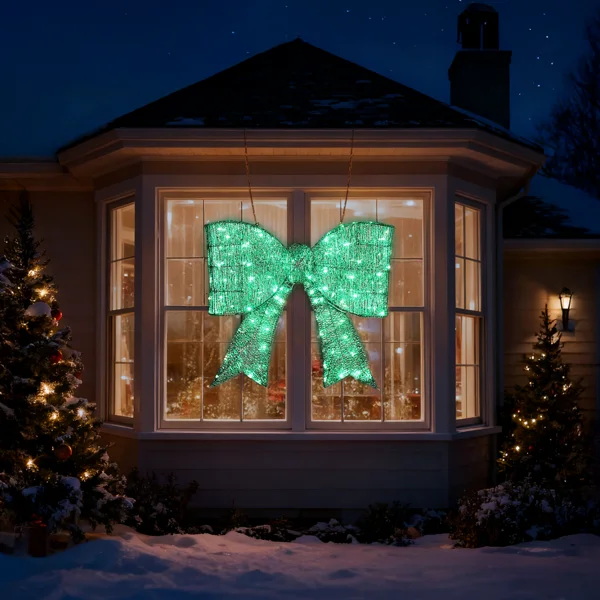 Pre-lit Outdoor Giant Bowknot Christmas Decoration, Lighted Metal Frame with 124 Green LED Lights, for Front Door Gate Wall Indoor Outdoor Holiday Party, Green view 3