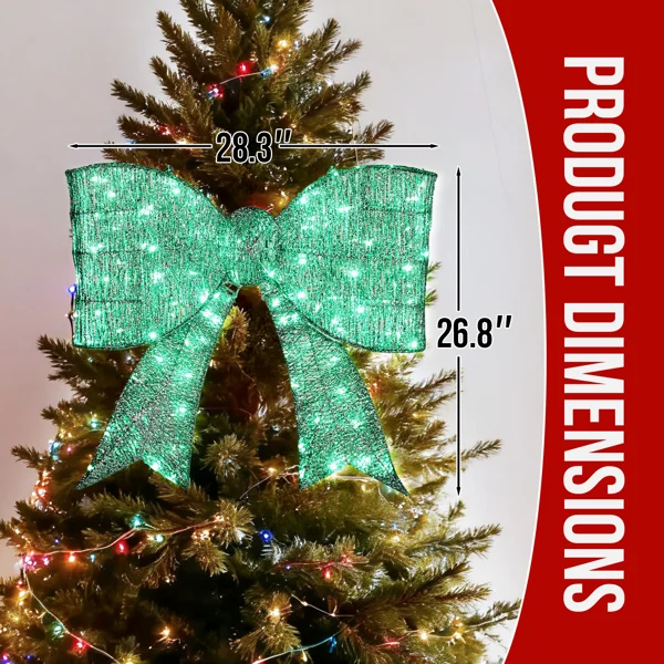 Pre-lit Outdoor Giant Bowknot Christmas Decoration, Lighted Metal Frame with 124 Green LED Lights, for Front Door Gate Wall Indoor Outdoor Holiday Party, Green view 4