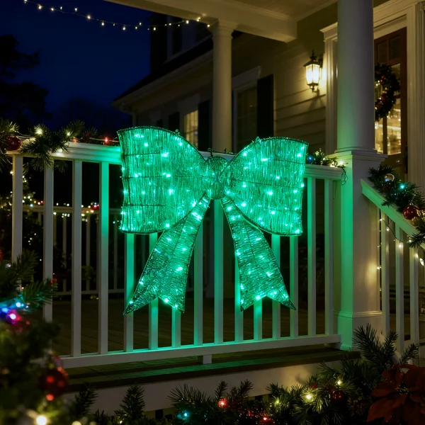 Pre-lit Outdoor Giant Bowknot Christmas Decoration, Lighted Metal Frame with 124 Green LED Lights, for Front Door Gate Wall Indoor Outdoor Holiday Party, Green view 5