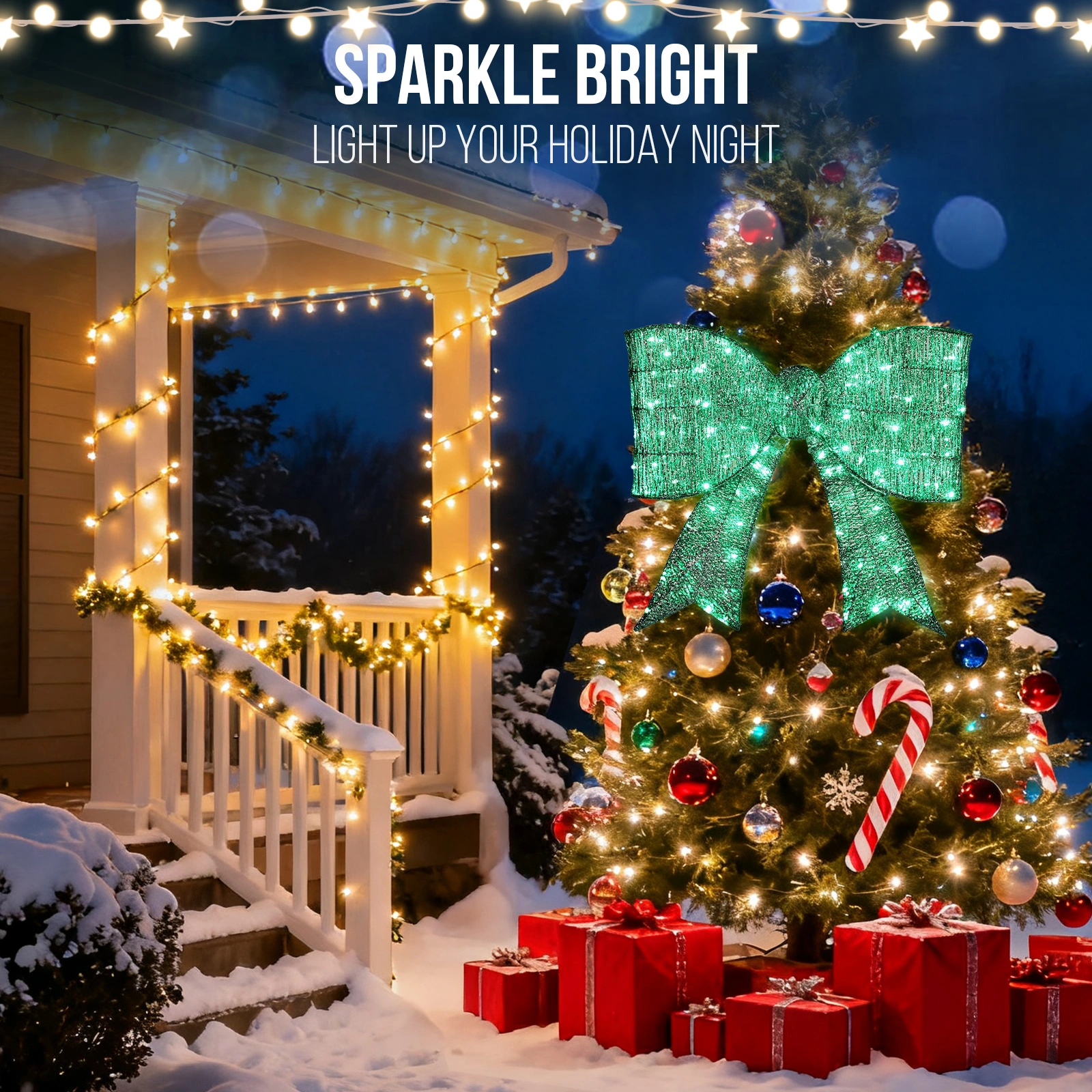 Pre-lit Outdoor Giant Bowknot Christmas Decoration, Lighted Metal Frame with 124 Green LED Lights, for Front Door Gate Wall Indoor Outdoor Holiday Party, Green view 11