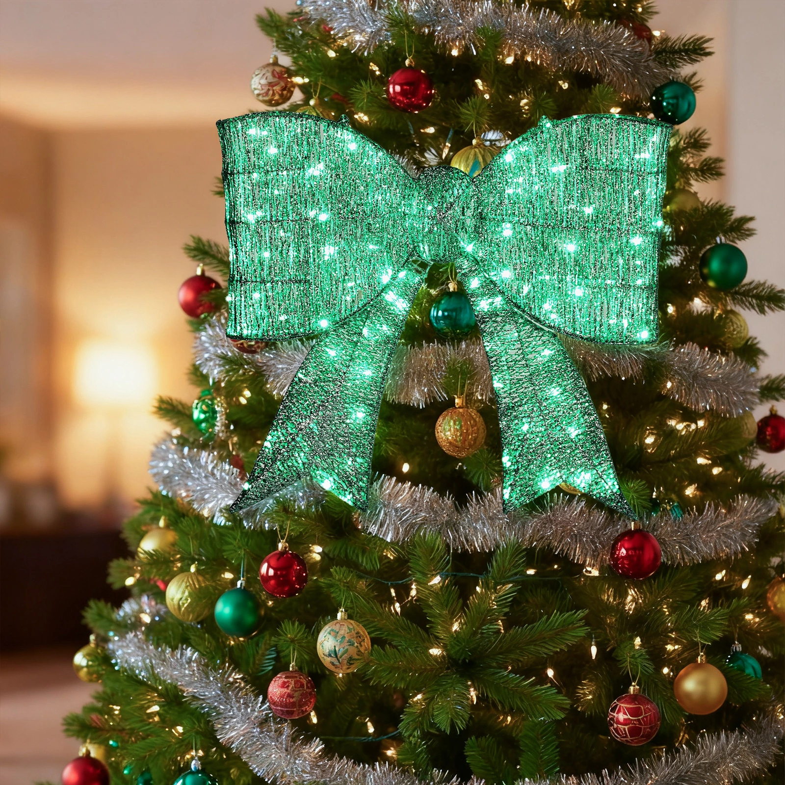 Pre-lit Outdoor Giant Bowknot Christmas Decoration, Lighted Metal Frame with 124 Green LED Lights, for Front Door Gate Wall Indoor Outdoor Holiday Party, Green view 12