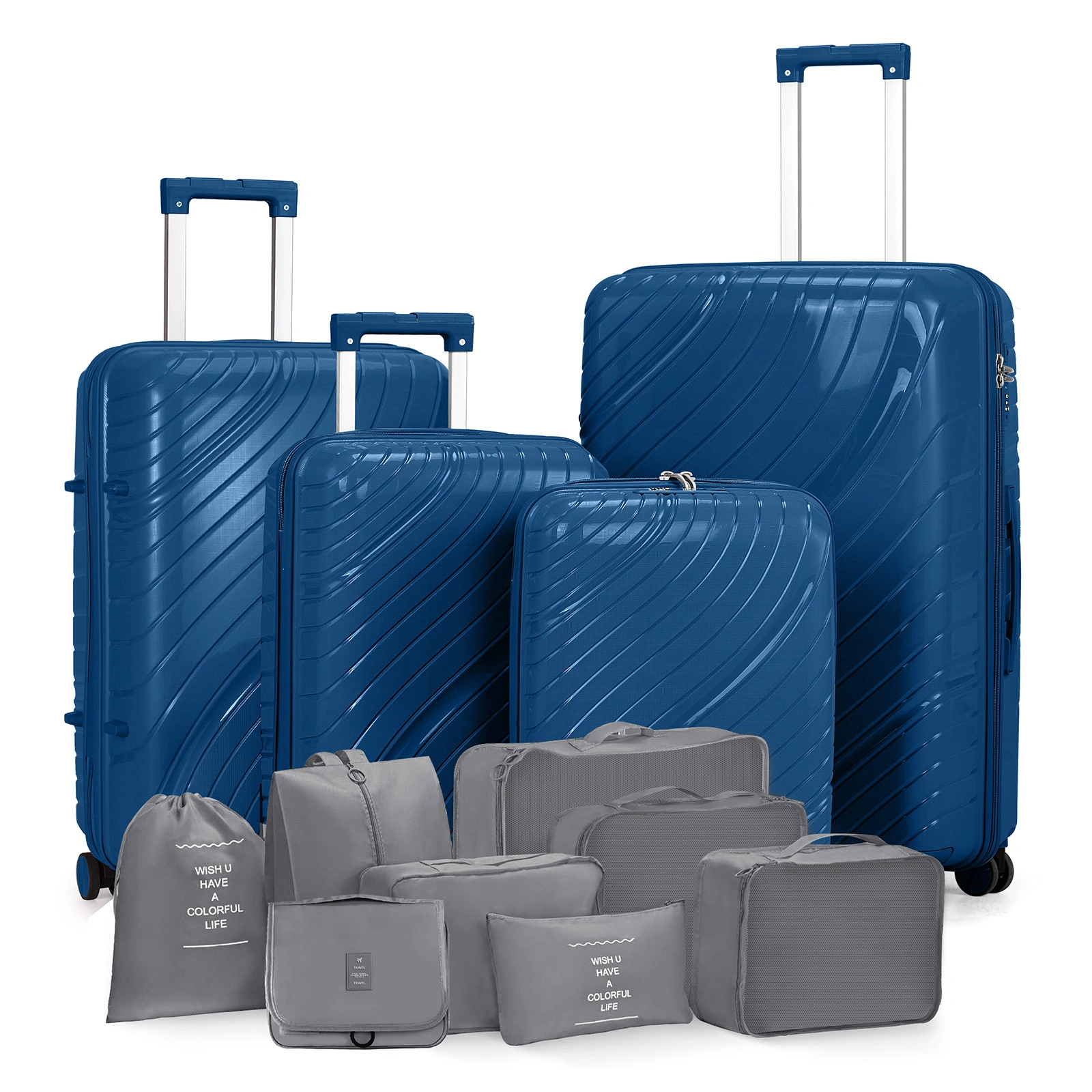 4 Piece Luggage Set 18 20 24 28 Inch Hardshell Suitcase PP with Spinner Wheels Iron Telescopic Handle 2 Handbags 30L Tote 3L Wash Bag Navy Blue