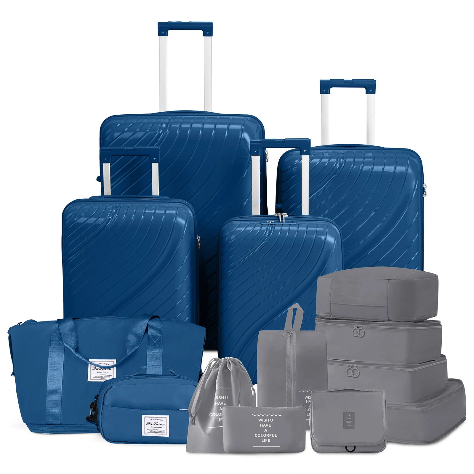 4 Piece Luggage Set 18 20 24 28 Inch Hardshell Suitcase PP with Spinner Wheels Iron Telescopic Handle 2 Handbags 30L Tote 3L Wash Bag Navy Blue view 3