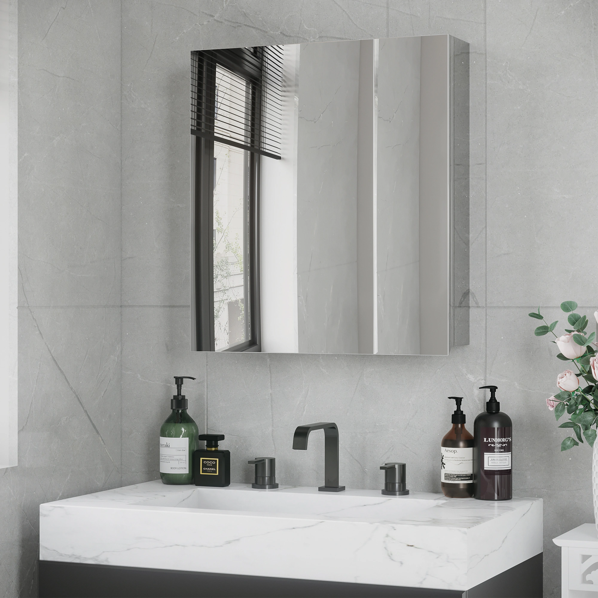 Wall Mount Bathroom Cabinet with Mirror, 24 Inch Storage Vanity Cabinet, Moisture-Resistant Medicine Cabinet with Adjustable Shelves, White Finish