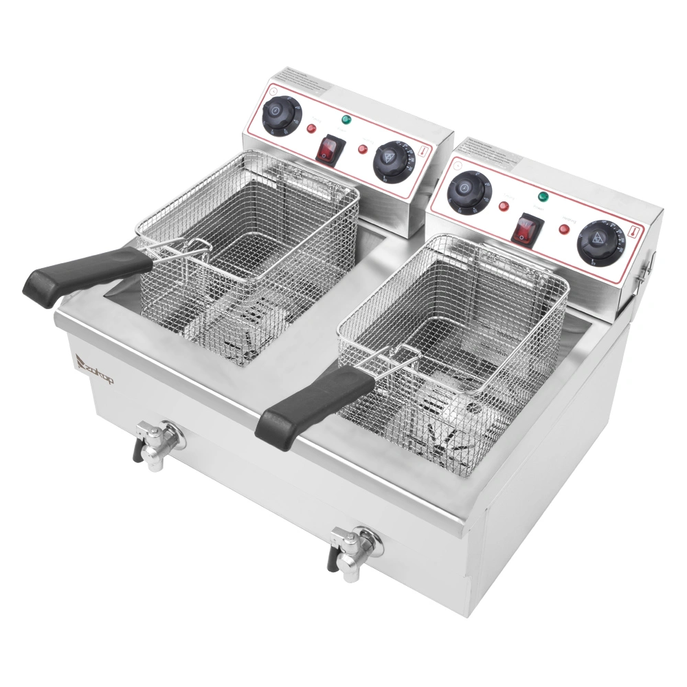 ZOKOP EH102V Double Tank Deep Fryer 16.9QT/16L 8L+8L 24.9QT/23.6L Total 3400W Stainless Steel Faucet Blue Big Handle view 3