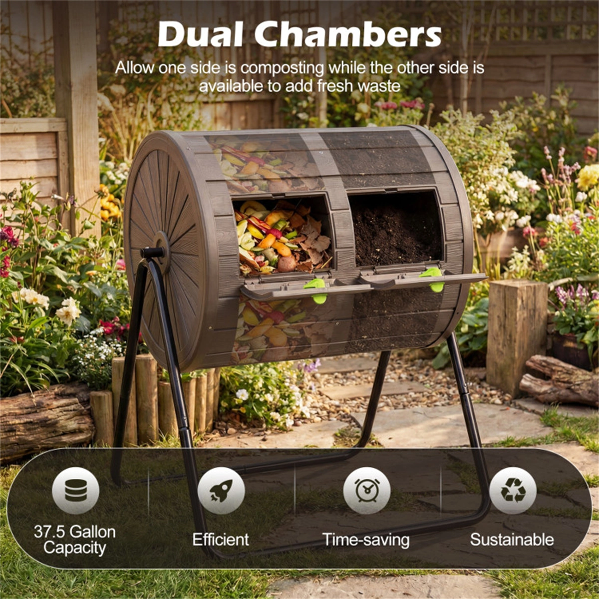 Dual Chamber Compost Tumbler 37.5Gal 360° Rotating Compost Bin with Stirring Blades for Garden-Coffee view 10