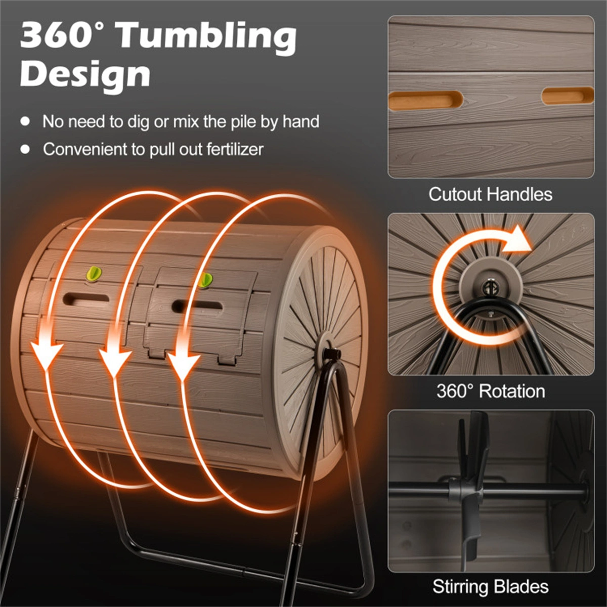 Dual Chamber Compost Tumbler 37.5Gal 360° Rotating Compost Bin with Stirring Blades for Garden-Coffee view 7