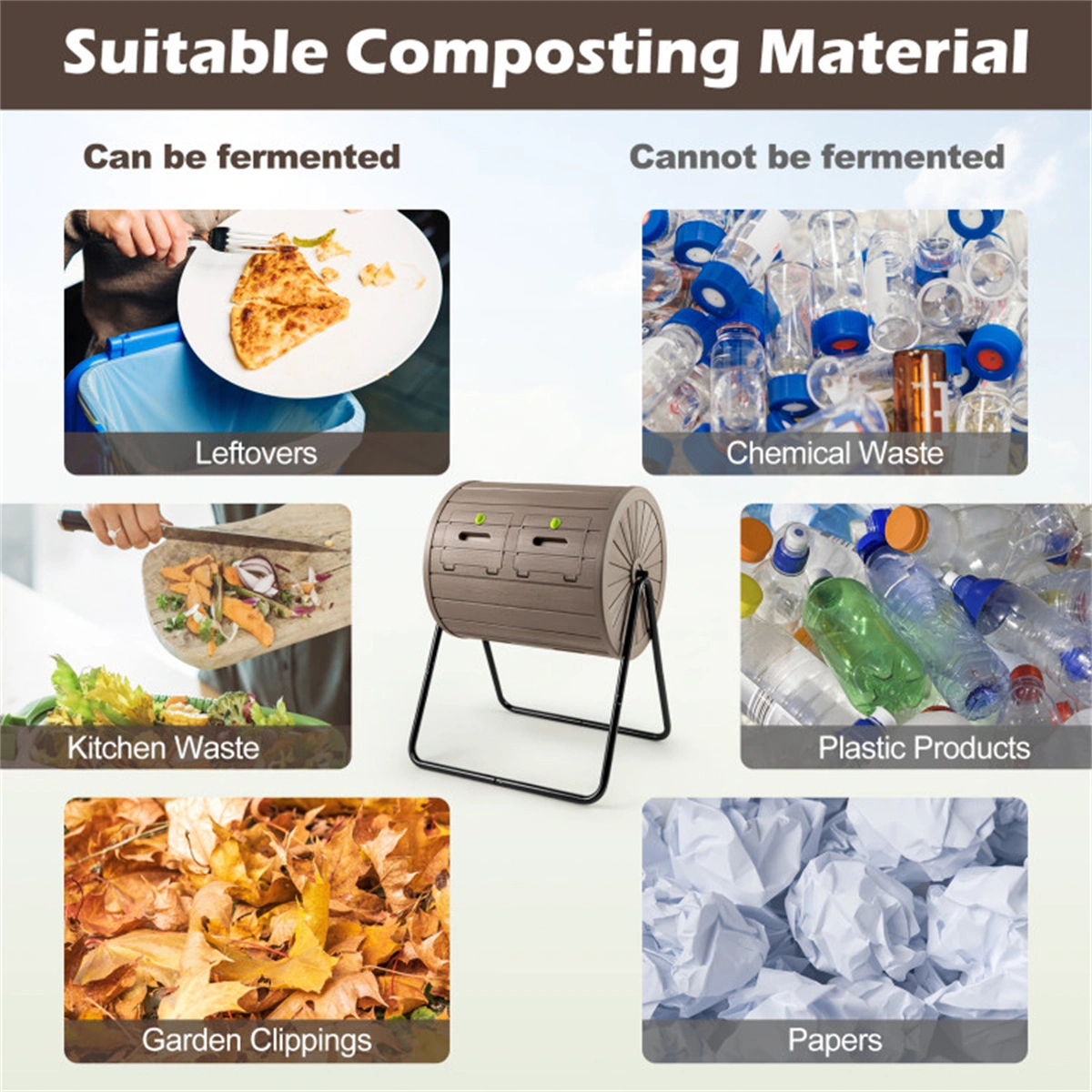 Dual Chamber Compost Tumbler 37.5Gal 360° Rotating Compost Bin with Stirring Blades for Garden-Coffee view 8