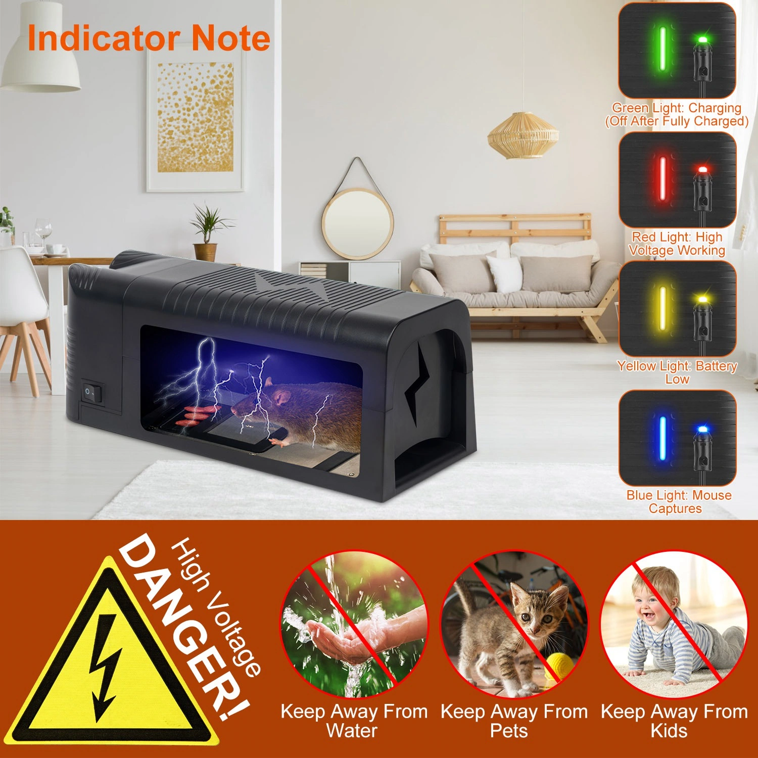 1800V Electric Rat Trap Rechargeable, Humane Rodent Killer for Mice Rats, Indoor Outdoor Pest Control, Easy-Clean Spacious Design view 6