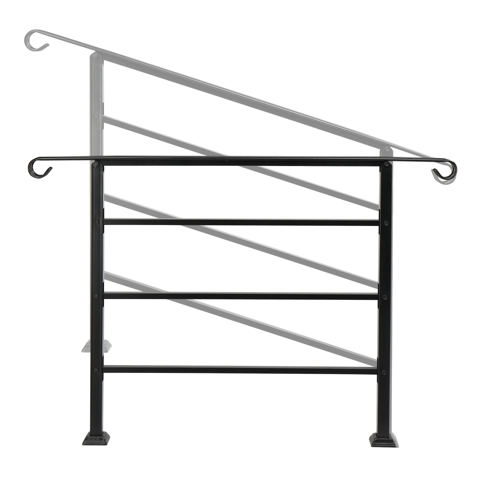 Handrails for Outdoor Steps, Wrought Iron Transitional Handrail Fits 1 to 4 Steps, Solid Wood With Installation Kit, Black