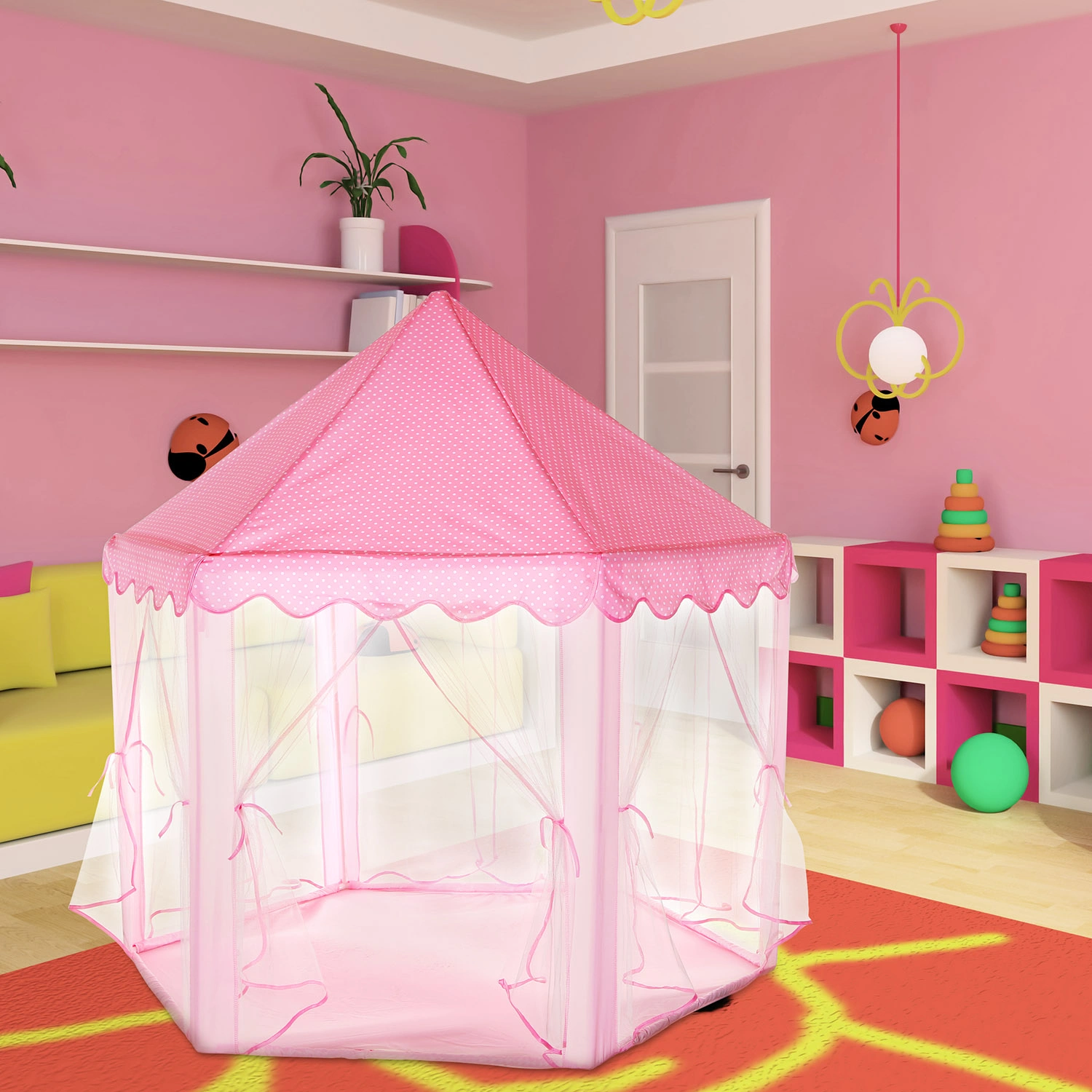Foldable Princess Play Castle Tent for Girls, Large Space Playhouse with Breathable Mesh Doors, Stable Structure Indoor Outdoor Play Tent, Ideal Gift for Toddler Girls Play & Relax-pink view 7