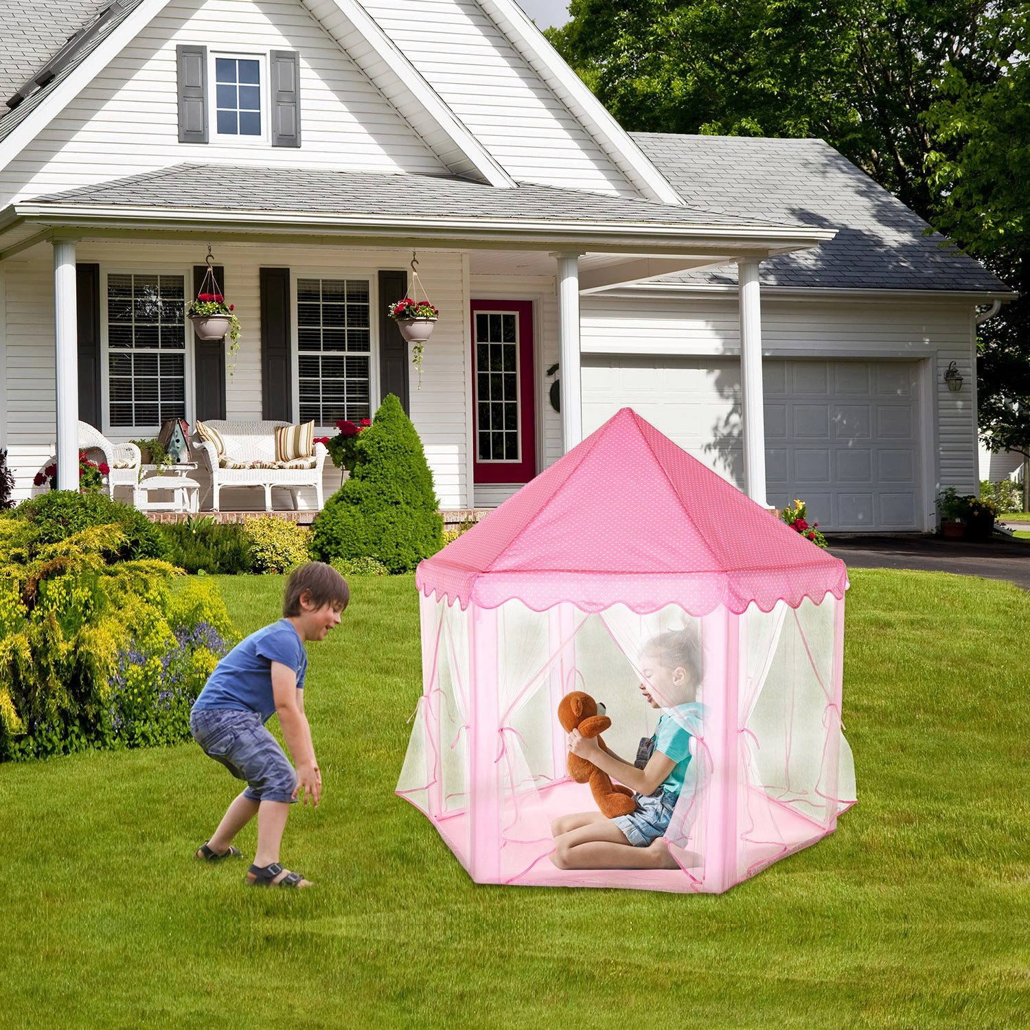 Foldable Princess Play Castle Tent for Girls, Large Space Playhouse with Breathable Mesh Doors, Stable Structure Indoor Outdoor Play Tent, Ideal Gift for Toddler Girls Play & Relax-pink view 9