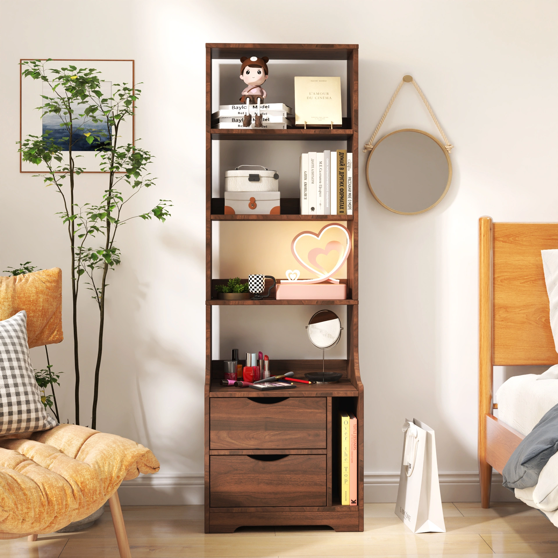 Night Stand with Bookshelf, Night Stand with 2 Storage Drawers for Bedroom