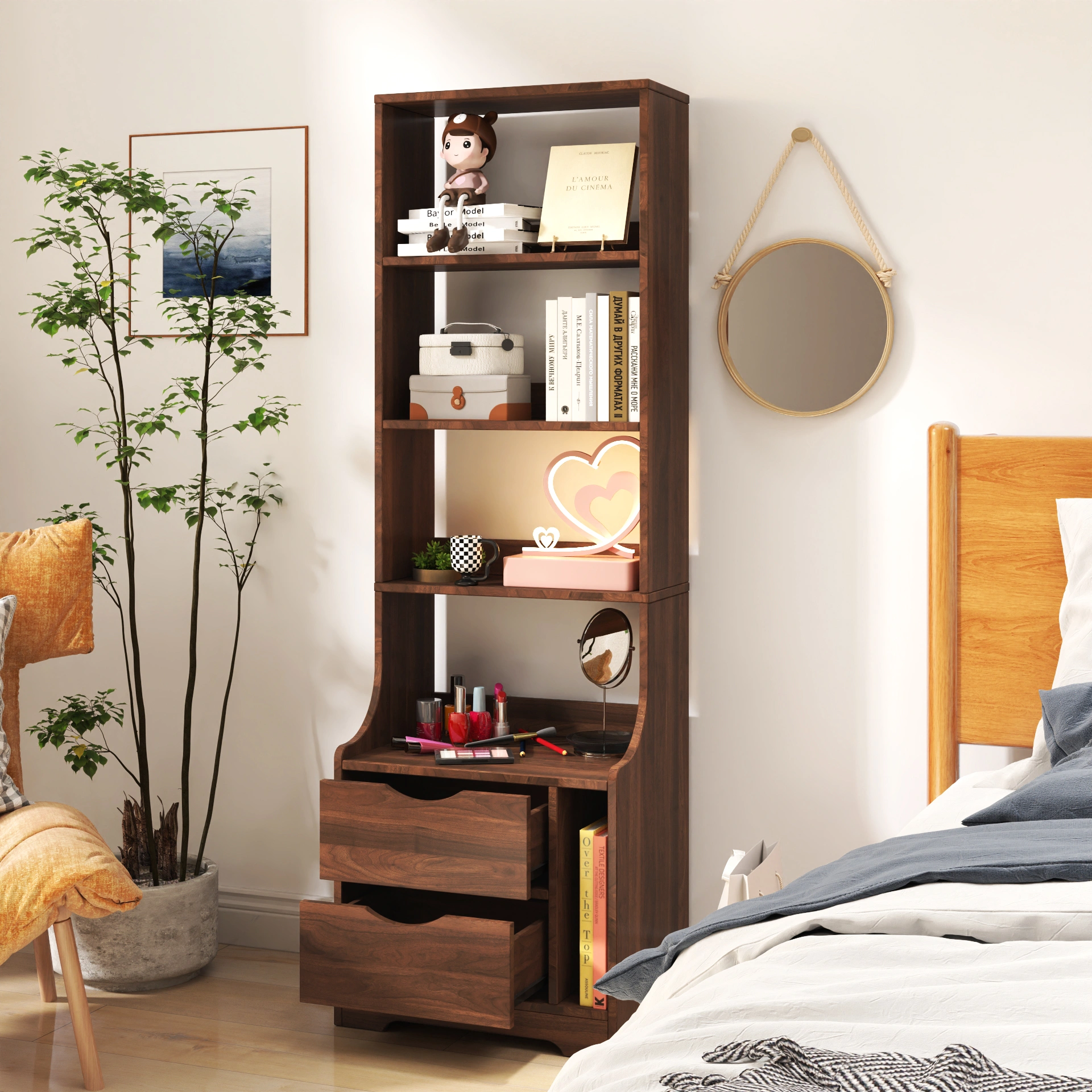 Night Stand with Bookshelf, Night Stand with 2 Storage Drawers for Bedroom view 9