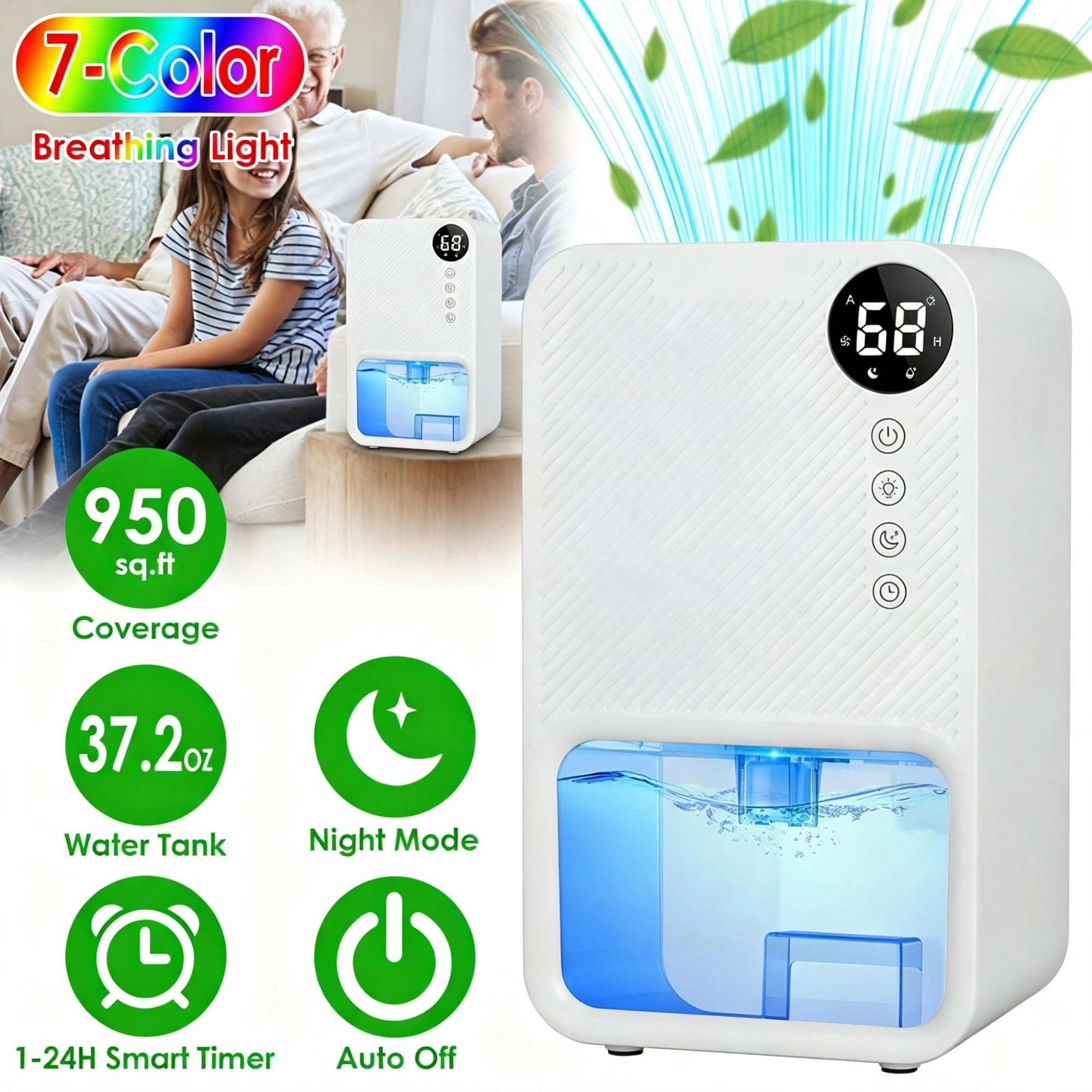 Small Household Dehumidifier for Bathroom Closet RV, Real‑Time Humidity Readout, 1.1L Tank Auto Shut‑Off, 24H Timer and 7‑Color Night Light