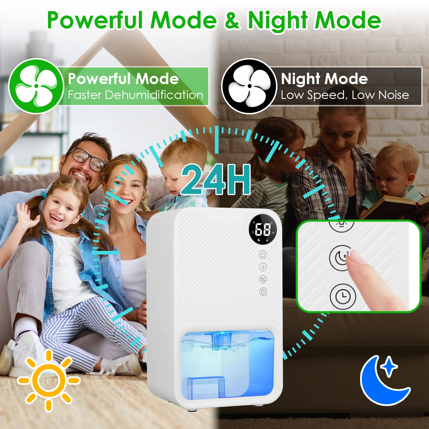 Small Household Dehumidifier for Bathroom Closet RV, Real‑Time Humidity Readout, 1.1L Tank Auto Shut‑Off, 24H Timer and 7‑Color Night Light view 11
