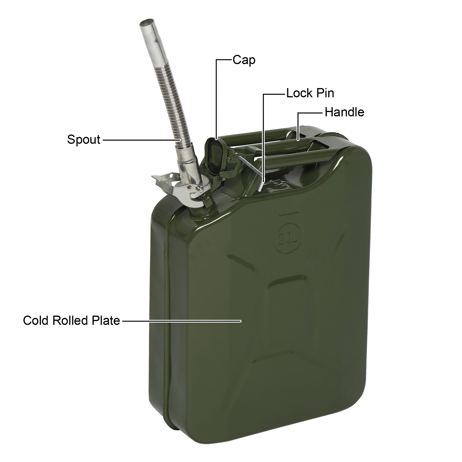 20L Fuel Oil Container - British Style Steel Jerry Can, 0.6mm for Petrol Diesel, Army Green with Pour Tube
