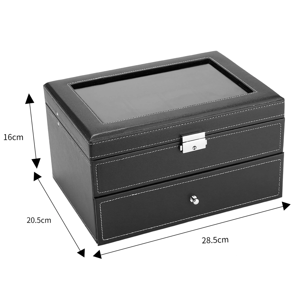 20 Watch Box Organizer Mens Glass Top Display Case Lockable Jewelry Storage Black view 2