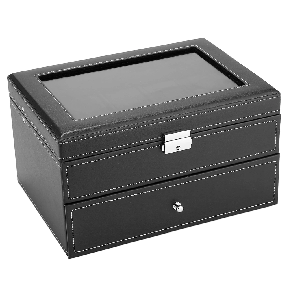 20 Watch Box Organizer Mens Glass Top Display Case Lockable Jewelry Storage Black view 3