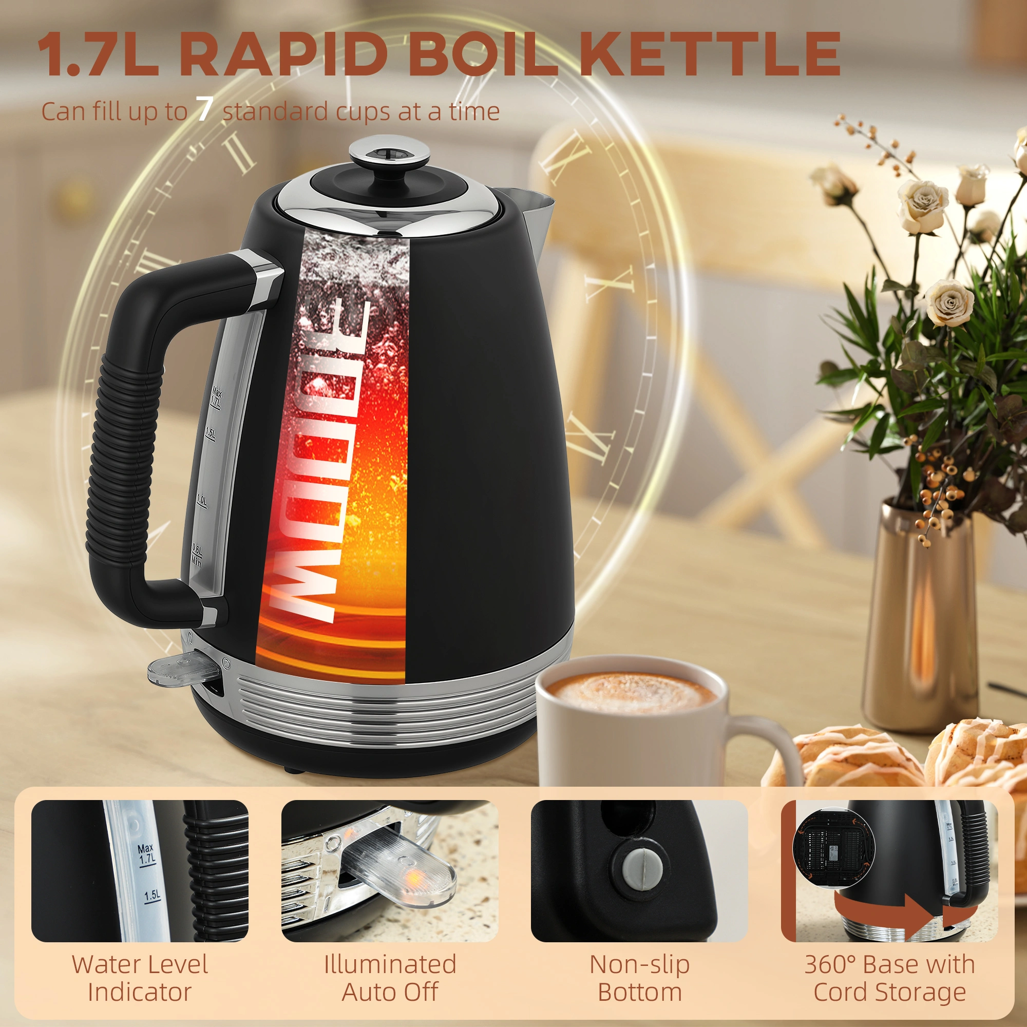 Kettle and Toaster Set for Kitchen, 1.7L Capacity, Compact Counter Design, Easy Clean view 4