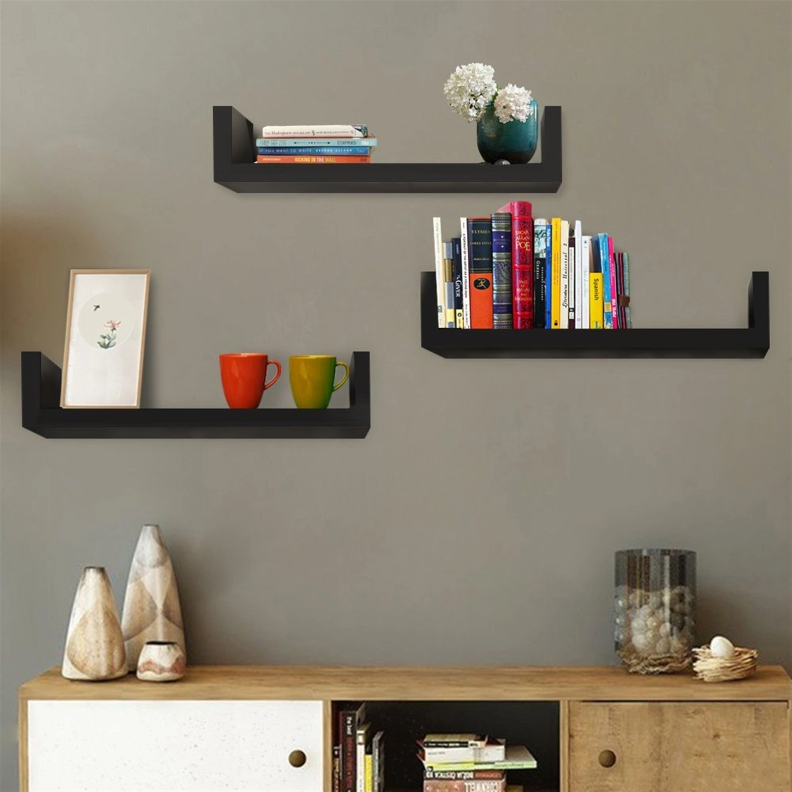 Set of 3 Floating Wall Shelves, Black Ledge Display Shelf, Home Decor Storage